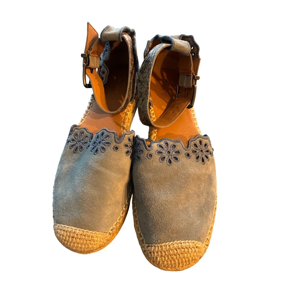 Crown Vintage Blue Suede Floral Embroidered Espadrille Ankle Strap Flats 8.5 - Picture 2 of 11